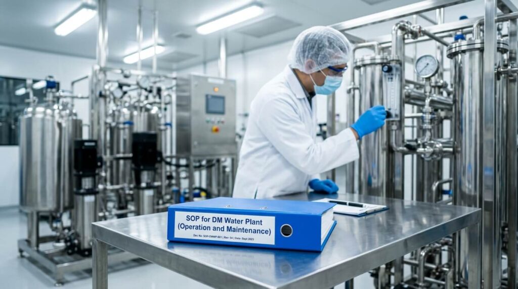Blue SOP file labeled “SOP for DM Water Plant (Operation and Maintenance)” placed on a stainless steel table inside a pharmaceutical production area, with blurred DM water plant equipment and a chemist working in the background