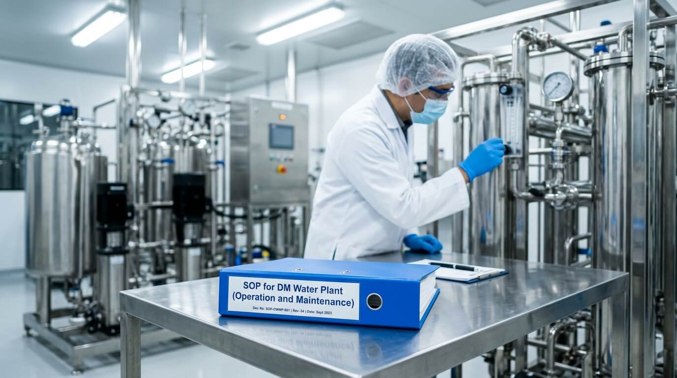 Blue SOP file labeled “SOP for DM Water Plant (Operation and Maintenance)” placed on a stainless steel table inside a pharmaceutical production area, with blurred DM water plant equipment and a chemist working in the background