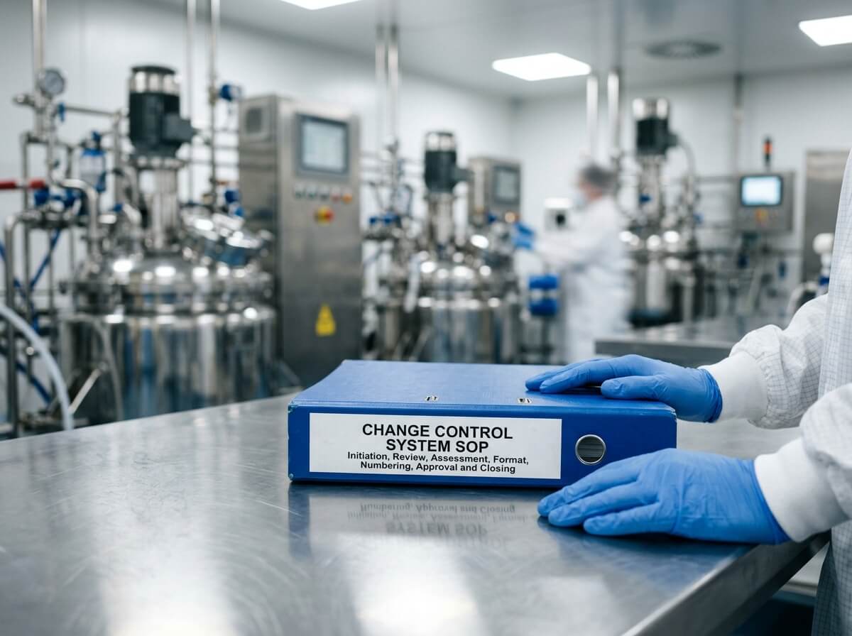Close-up of a blue SOP file on a stainless steel table in a pharmaceutical production area, labeled “Change Control System SOP; Initiation, Review, Assessment, Format, Numbering, Approval and Closing,” with a chemist’s gloved hands resting beside it and blurred equipment in the background.