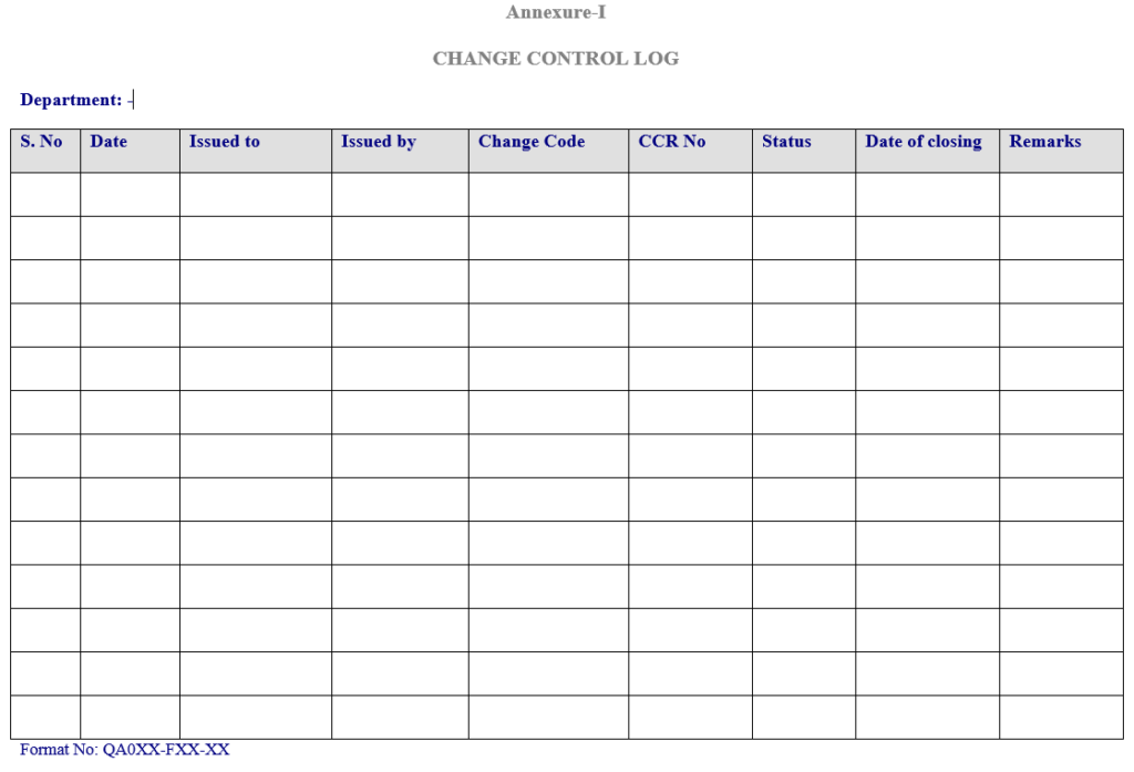 Change control Logs for change control SOP