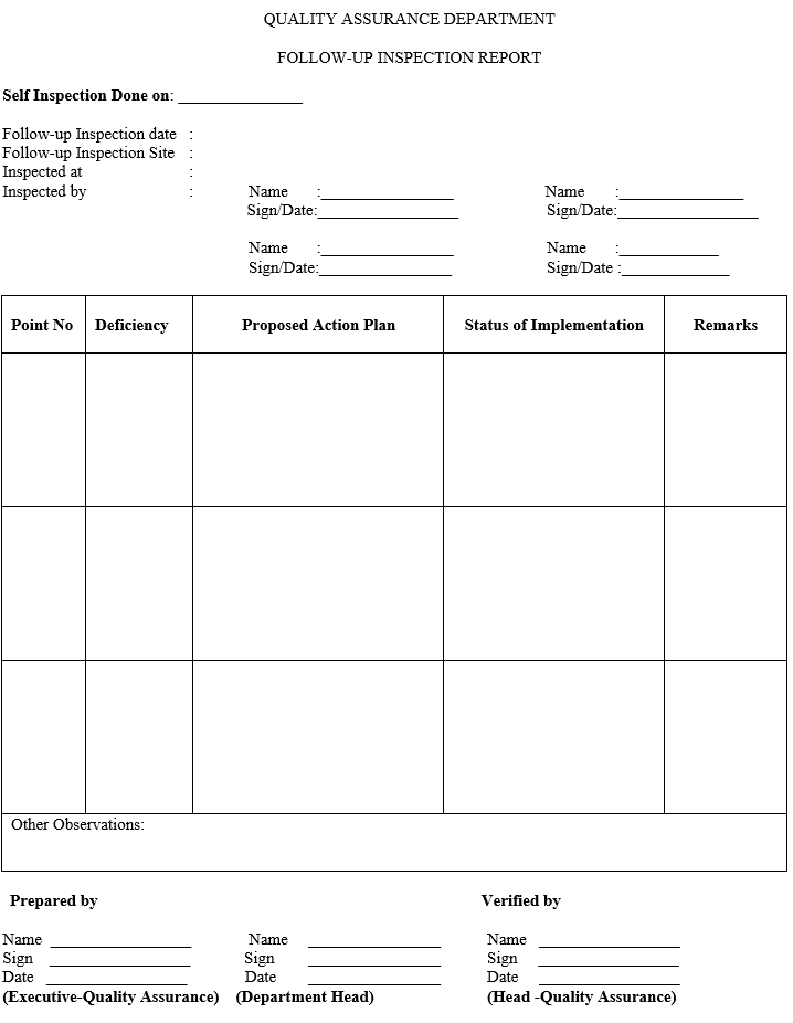 Follow up inspection report for self inspection audit in pharma