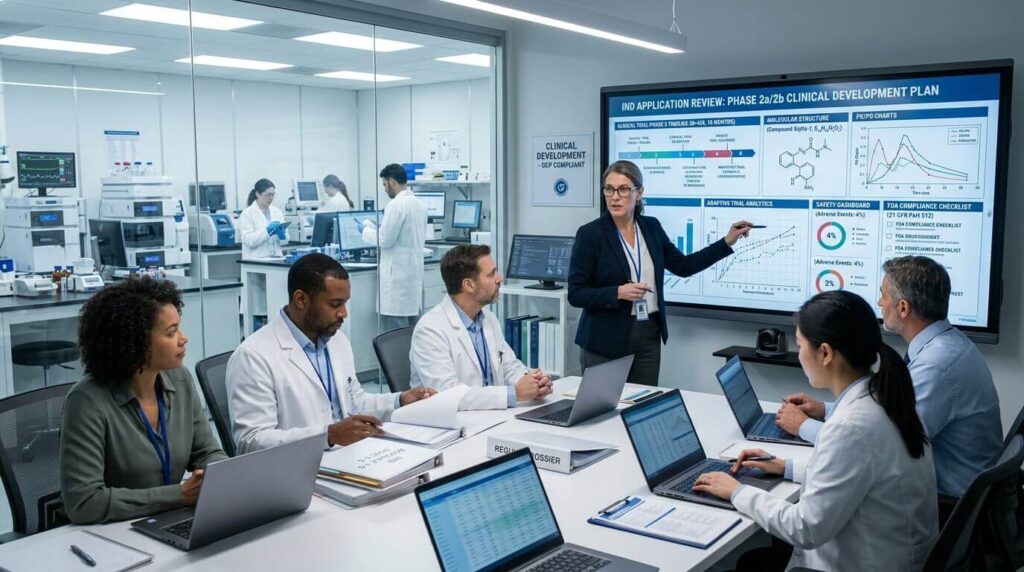 Pharmaceutical researchers reviewing an FDA IND application with clinical trial data, laboratory testing reports, and drug development documentation inside a modern research facility.