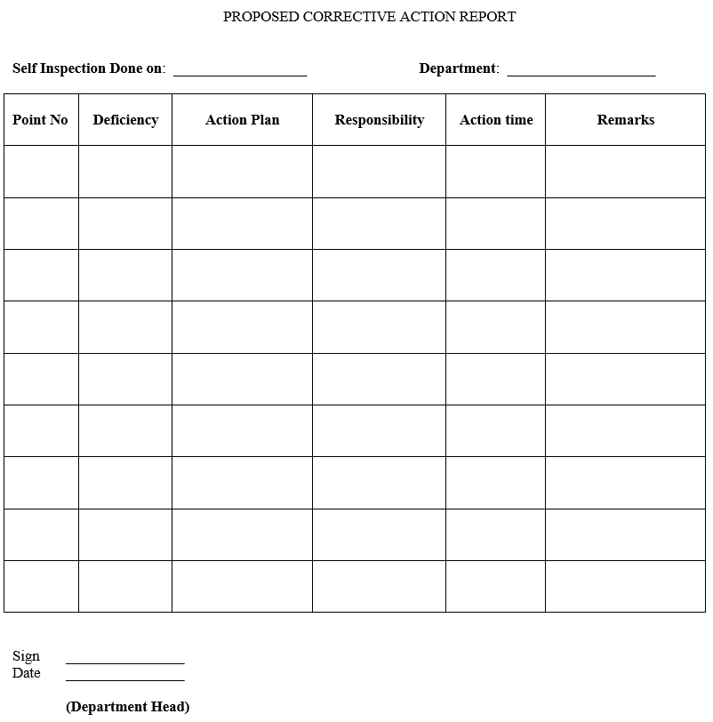 Proposed Corrective action report format for self internal inspection audit