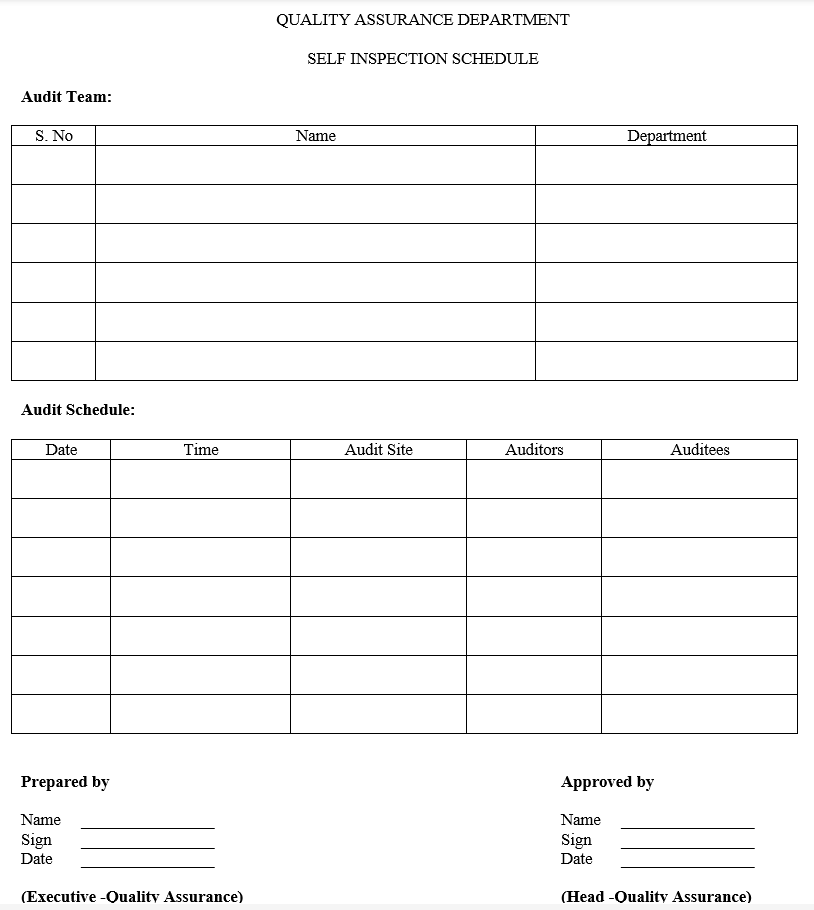 Quality assurance inspection Schedule Format for self internal Audit in Pharma