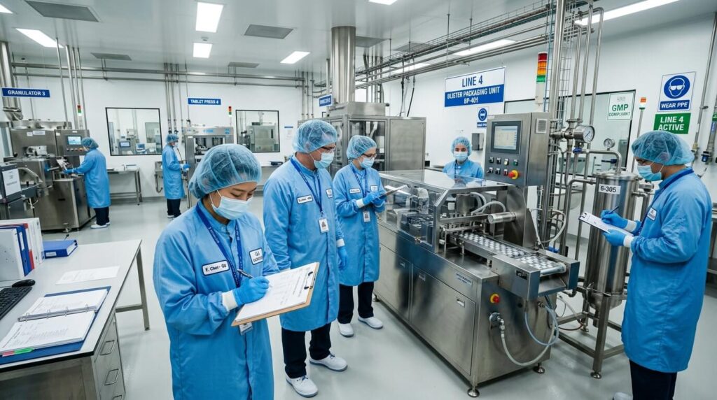 Quality assurance team performing self inspection and internal audit activities in a pharmaceutical manufacturing production area.