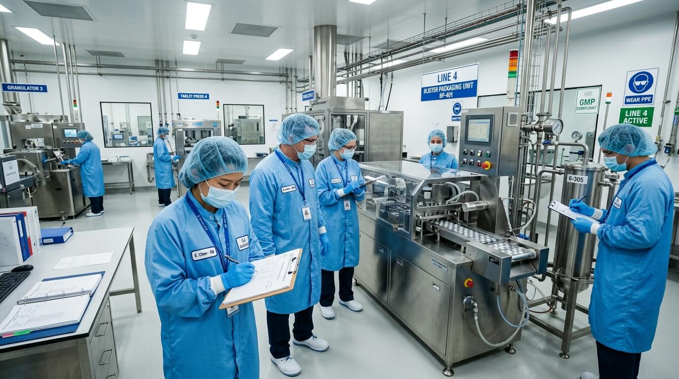 Quality assurance team performing self inspection and internal audit activities in a pharmaceutical manufacturing production area.