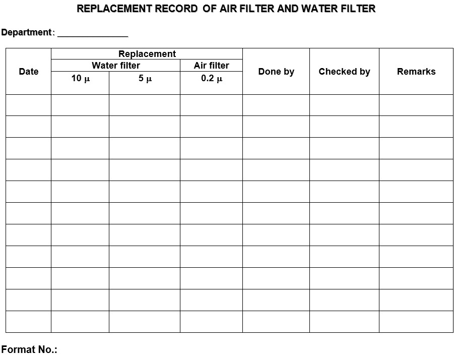 ANNEXURE for Replacement record of air filter and water filter in pharmaceutical