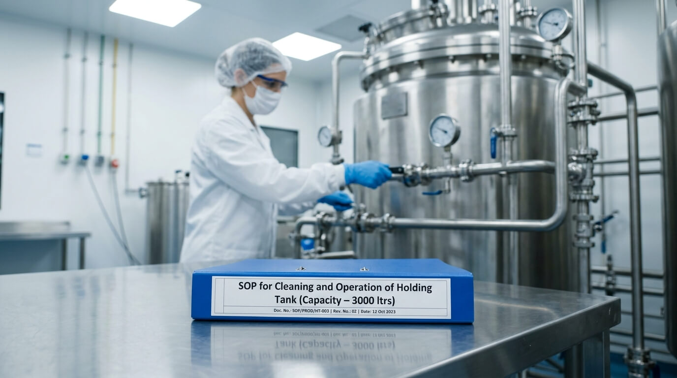 Blue SOP file labeled “SOP for Cleaning and Operation of Holding Tank (Capacity – 3000 ltrs)” placed on a stainless steel table in a pharma production area, with a chemist working near a large holding tank in the background.