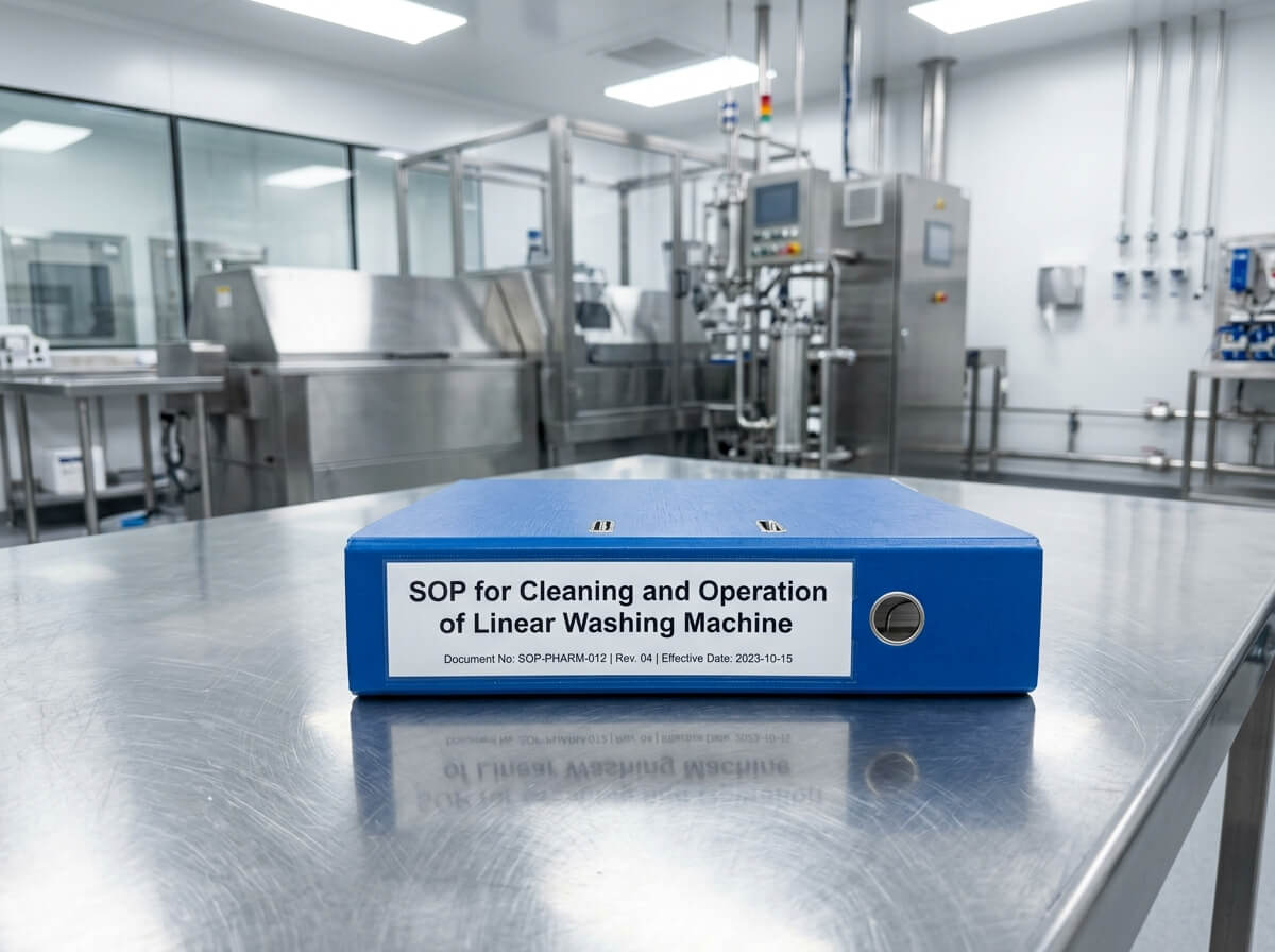 inside pharma production area, Showing A stainless steel table and a blue labelled file. the text on file written is "SOP for Cleaning and Operation of Linear Washing Machine".