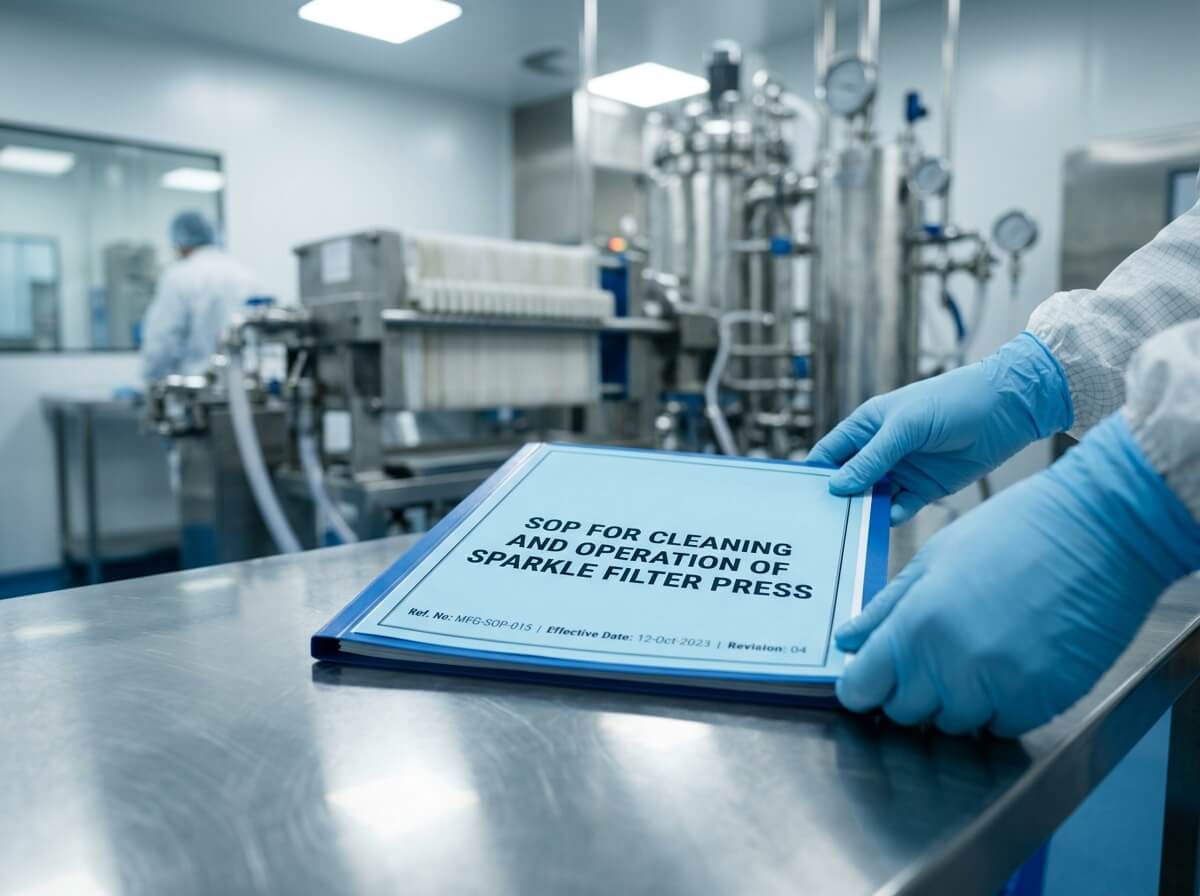 Image showing pharma production area, inside it, A stainless steel table and a blue labelled file. the text on file written is "SOP for Cleaning and operation of sparkle filter press".