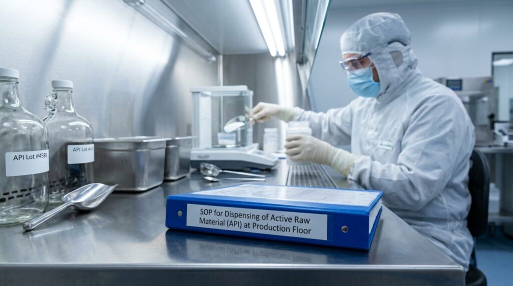Blue SOP file for dispensing active raw material (API) placed on a stainless steel table in a pharmaceutical production area, with a chemist handling API material near dispensing equipment in the background