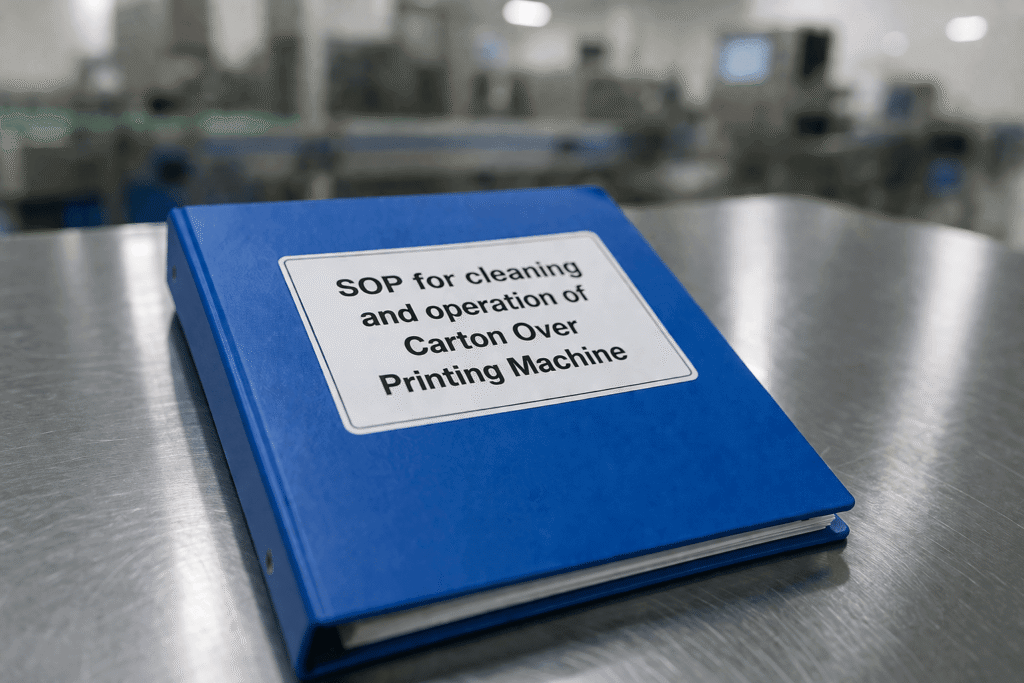 inside pharma production area, Showing A stainless steel table and a blue labelled file. the text on file written is "SOP for cleaning and operation of Carton Over Printing Machine".