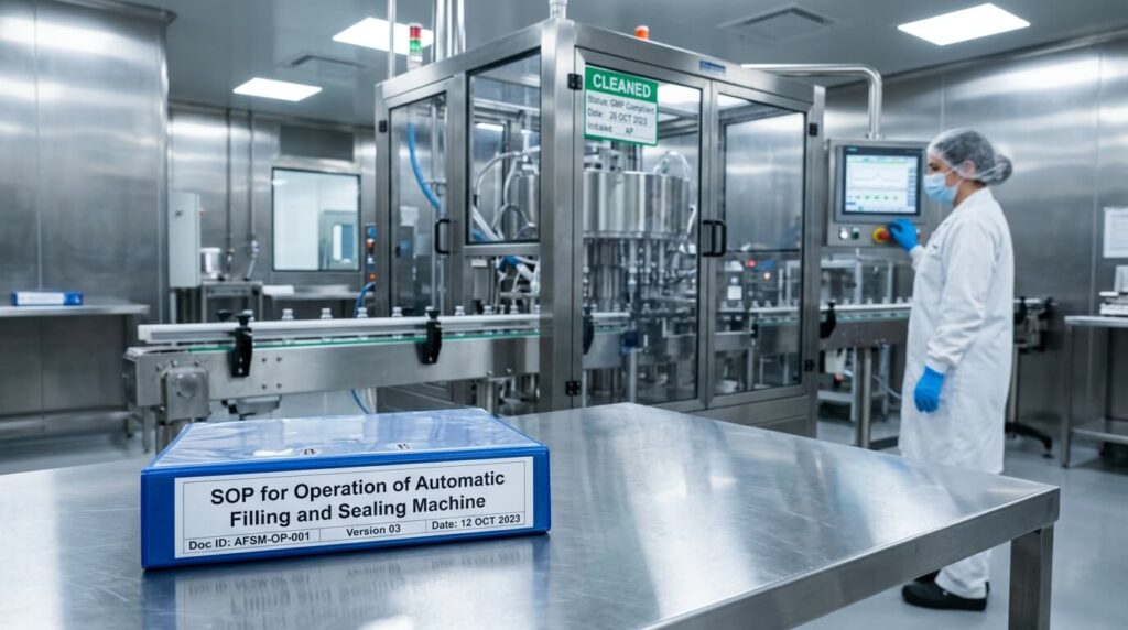 Blue SOP file titled “SOP for Operation of Automatic Filling and Sealing Machine” placed on a stainless steel table in a pharmaceutical production area, with an automatic filling and sealing machine and cleaned label visible in the background.