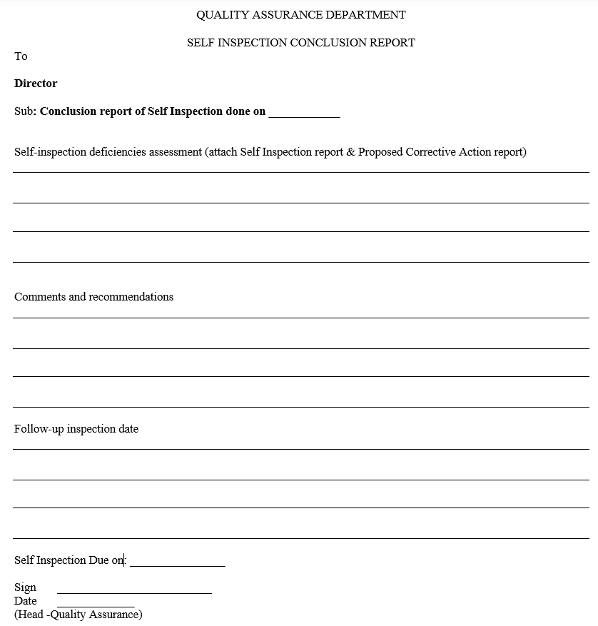 Self Inspection Conclusion Report for self inspection audit in pharma