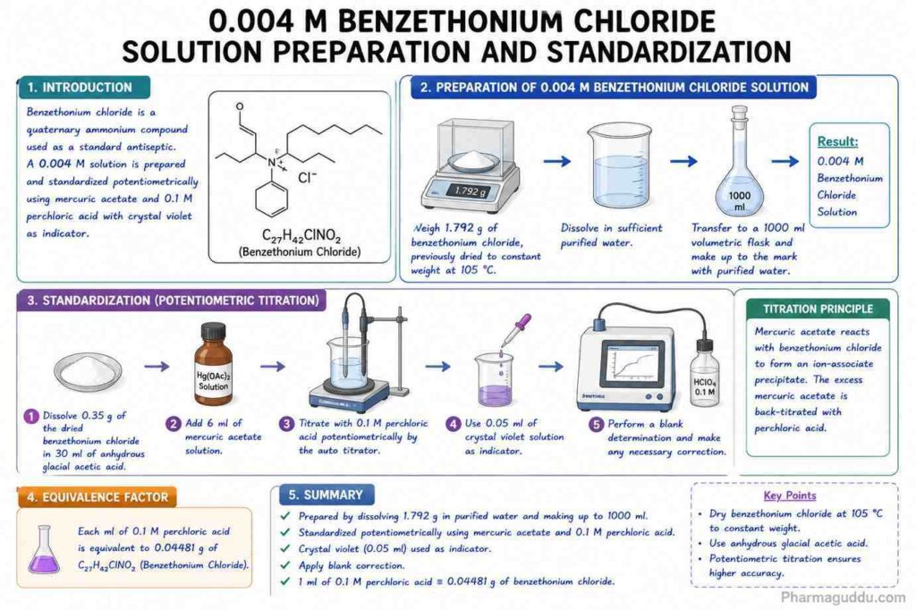 Detailed infographic for the preparation, standardization, titration principle and equivalence factor for a pharmaceutical quality control laboratory 0.004 M solution of benzethonium chloride.