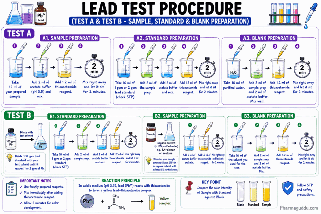 HEAVY METALS limit test procedure infographic that includes the steps of the test for pharmaceutical analysis: Test A sample preparation, Test B sample preparation, Standard preparation, Blank preparation, Thioacetamide reaction, and Color comparison.