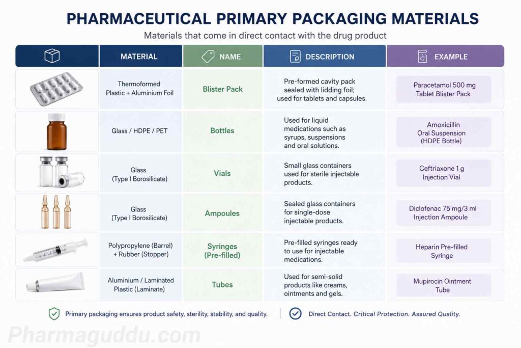 Pharmaceutical primary packaging materials infographic showing blister packs, bottles, vials, ampoules, pre-filled syringes, and tubes with material composition, packaging type, description, and pharmaceutical product examples.