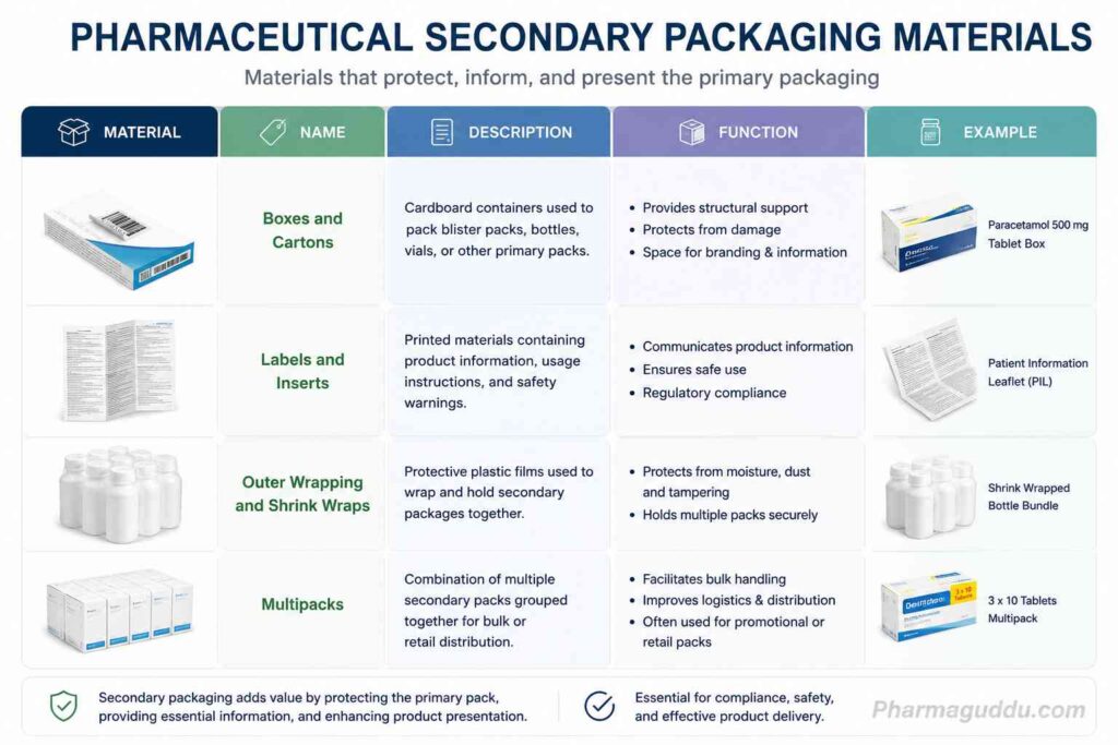 Pharmaceutical secondary packaging materials infographic showing cartons, labels and inserts, shrink wraps, and multipacks with material details, functions, and pharmaceutical product examples used for protection, identification, and distribution.