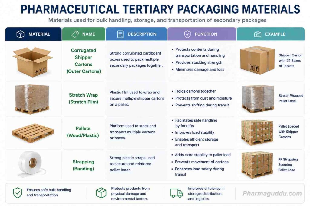Pharmaceutical tertiary packaging materials infographic showing corrugated shipper cartons, stretch wrap, pallets, and strapping used for bulk handling, storage, and transportation of finished pharmaceutical products.