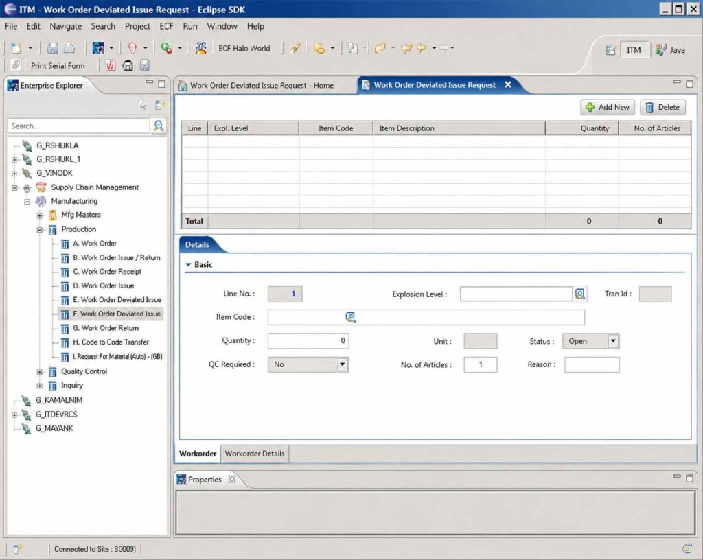 ERP screen showing the procedure for additional packing materials request in a pharmaceutical manufacturing system, including work order deviated issue request form, item code entry, quantity details, QC requirement selection, and approval workflow for GMP-compliant batch packing operations