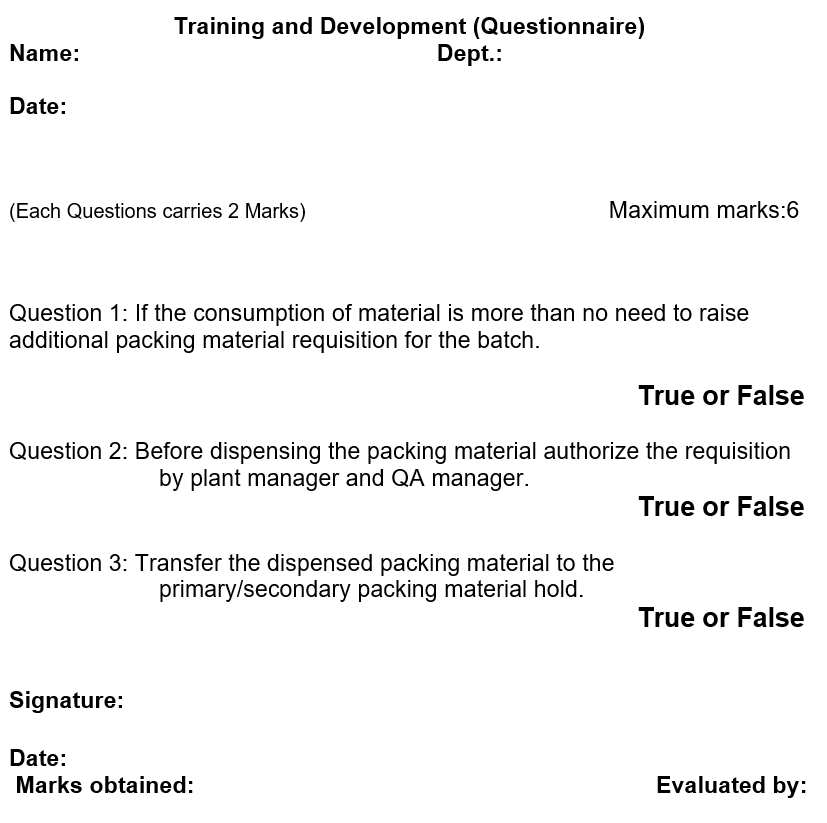 Questionnaire for Indenting of extra packing material
