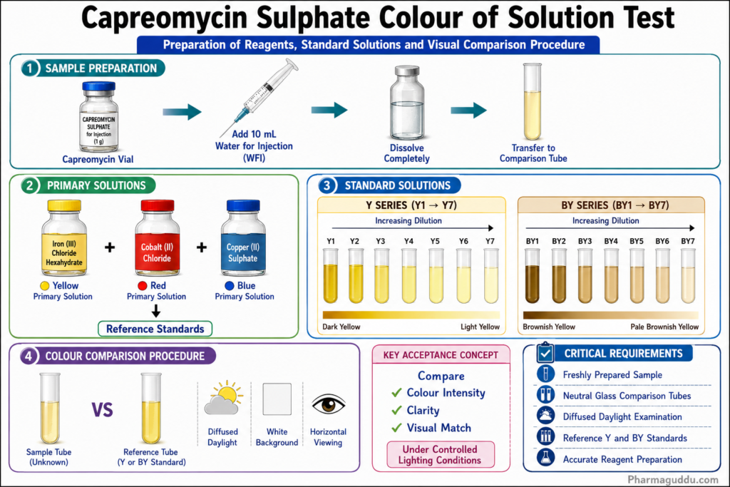 Capreomycin Sulphate Colour of Solution Test with sample preparation, reagent standards, Y colour standard, BY colour standard and visual comparison procedure shown in an infographic.