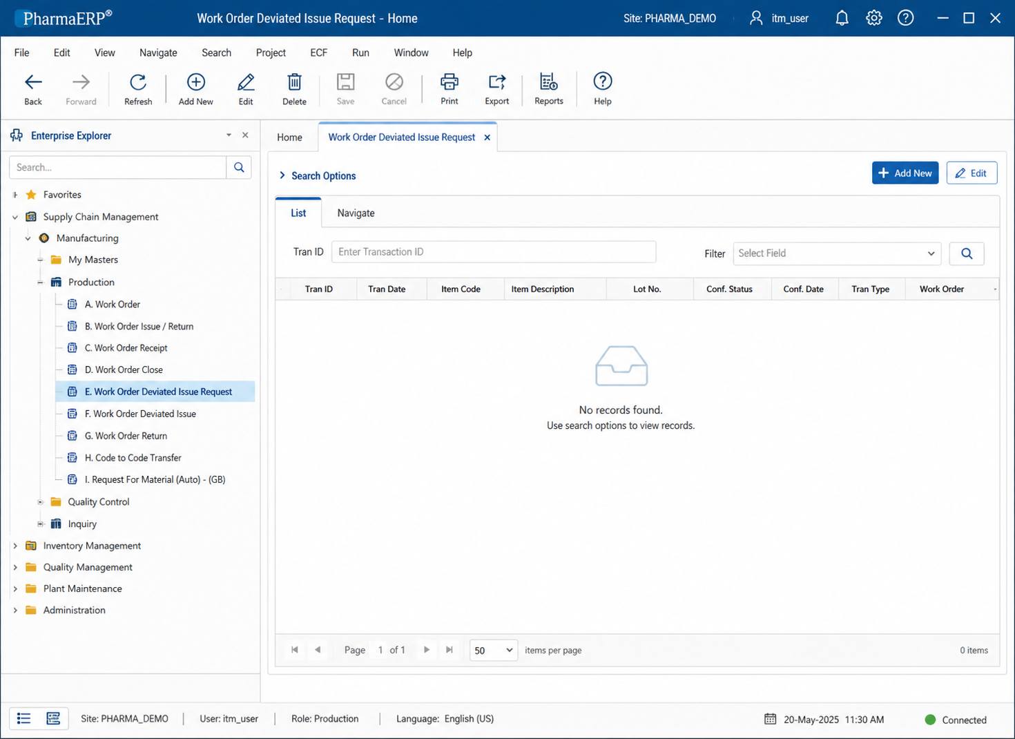 Pharma ERP work order deviated issue request module displaying additional packing material request process, manufacturing transaction management, inventory control, and production workflow in pharmaceutical manufacturing