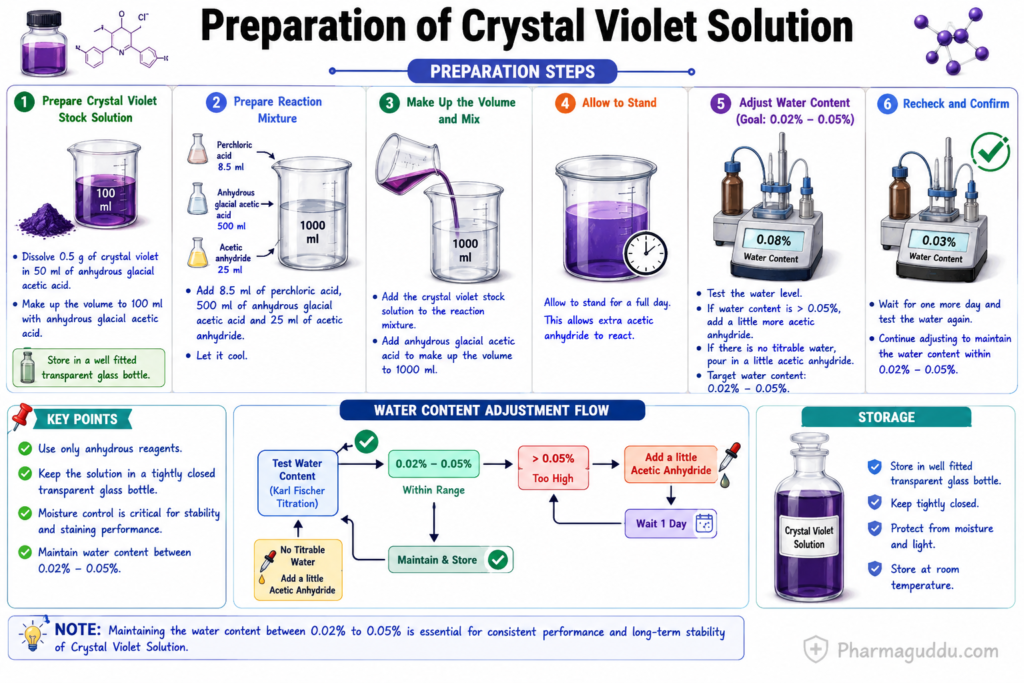 Flowchart for Crystal violet solution preparation including the preparation of stock solution, water content adjustment (0.02-0.05%), Karl Fischer titration, and storage.