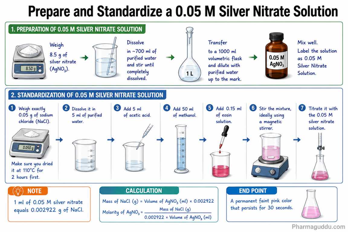 Infographic showing the preparation, standardization procedure, calculations, and endpoint for 0.05 M silver nitrate solution in pharmaceutical analysis.