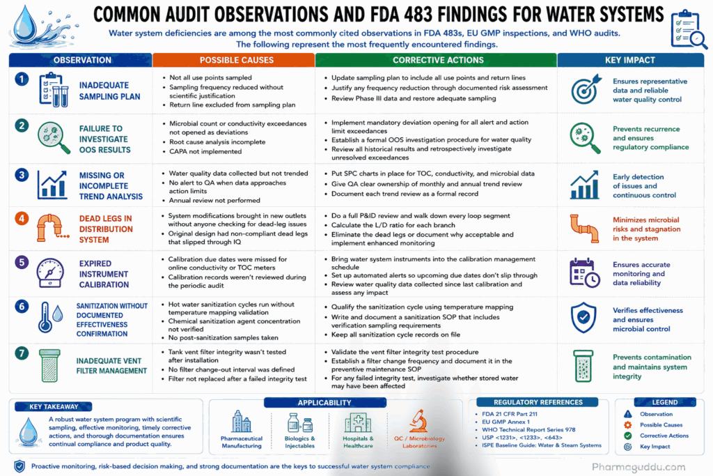 Infographic summarizing common FDA 483 audit findings for pharmaceutical water systems, including what causes them, how companies typically respond, and what happens when they don't.