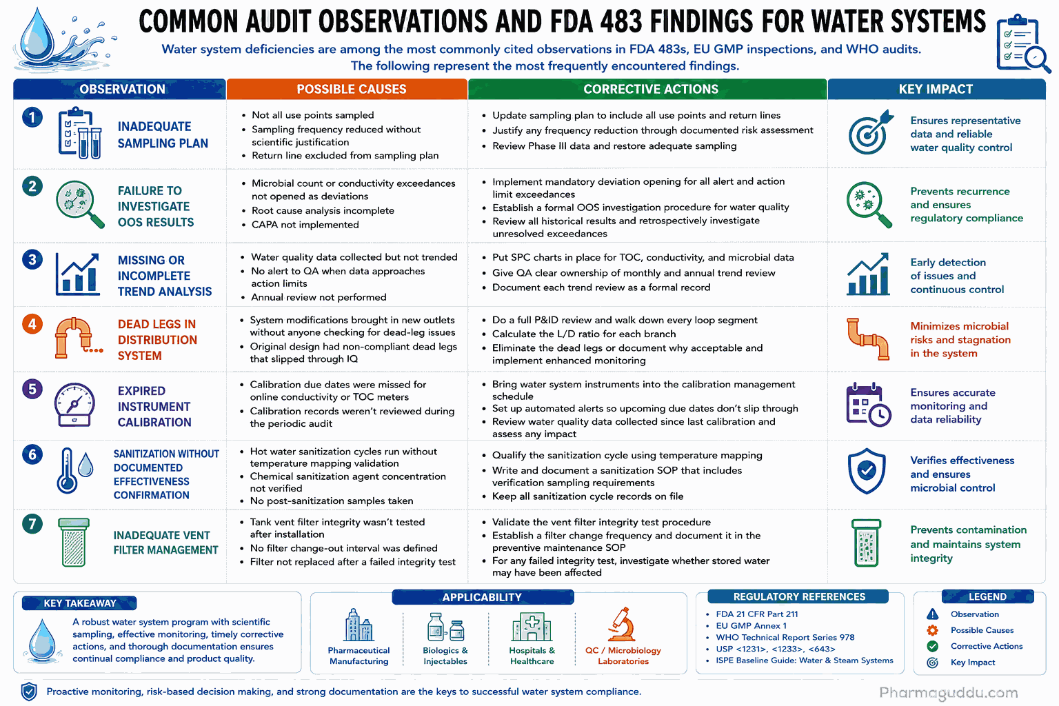 Infographic summarizing common FDA 483 audit findings for pharmaceutical water systems, including what causes them, how companies typically respond, and what happens when they don't.