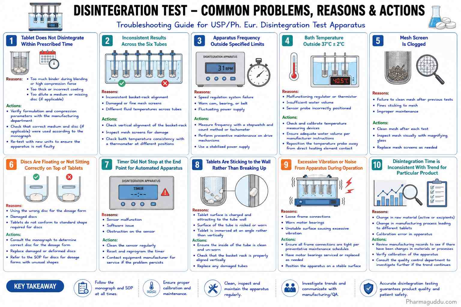 Disintegration test troubleshooting guide showing common USP/Ph. Eur. tablet disintegration apparatus problems, causes, and corrective actions.