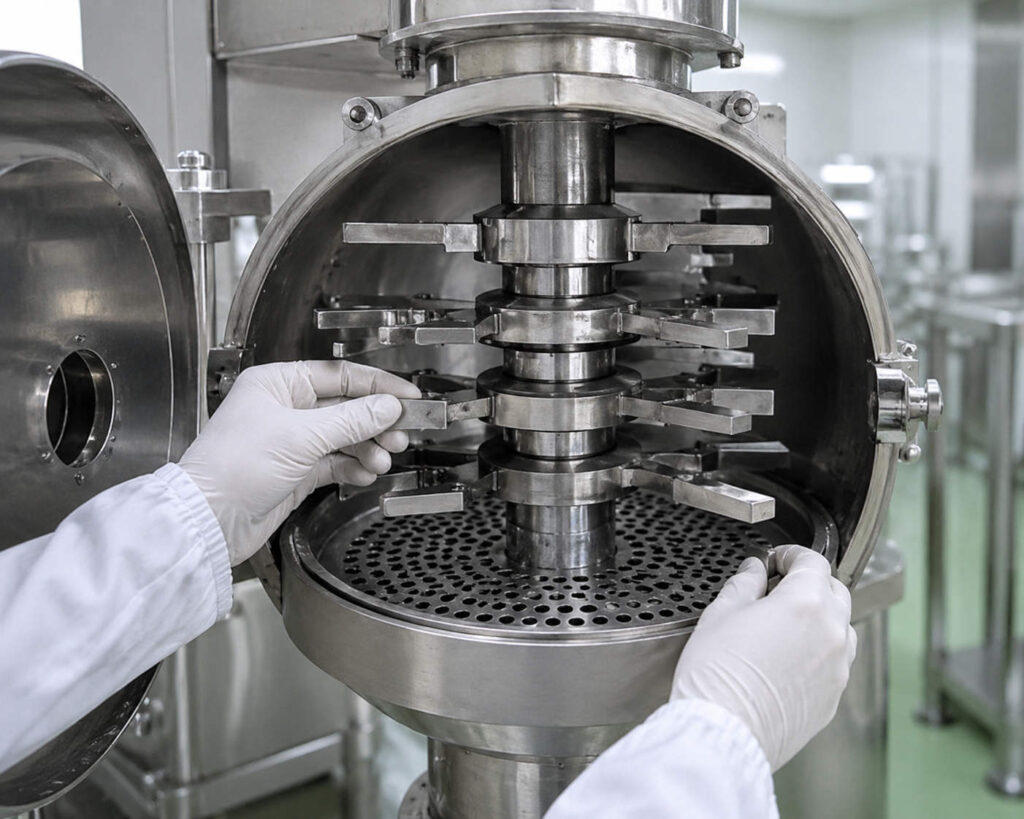 Multimill milling chamber with rotor blades, perforated screen, and stainless steel components