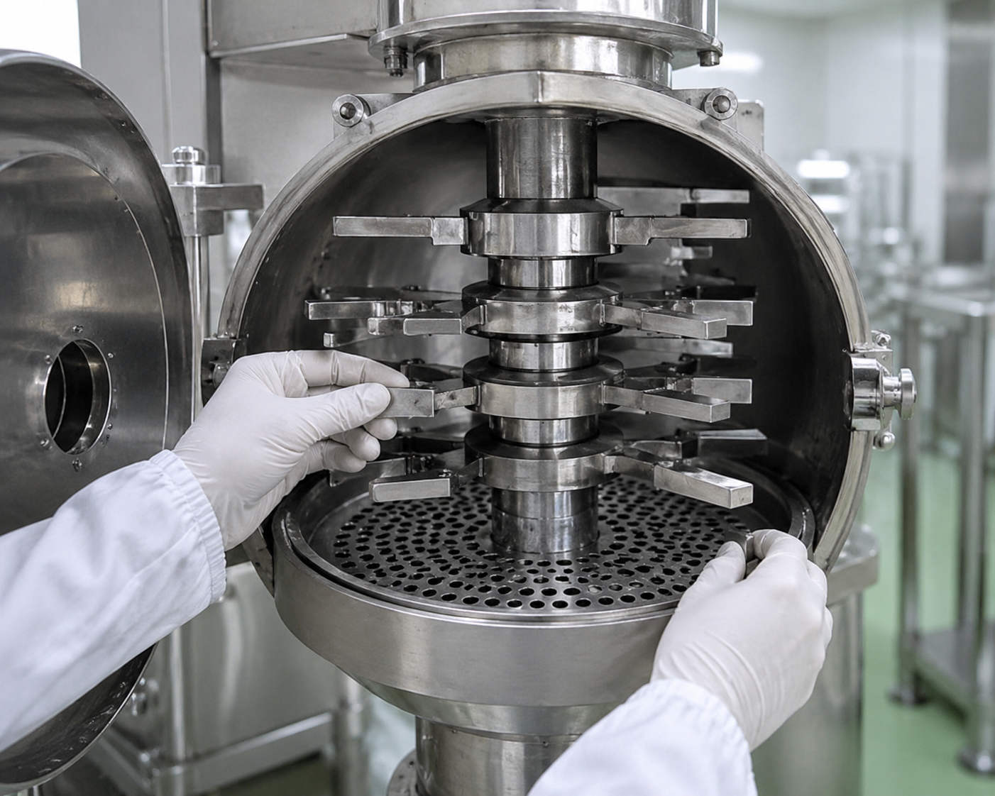 Multimill milling chamber with rotor blades, perforated screen, and stainless steel components