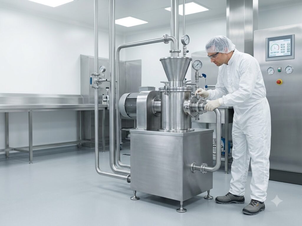 Pharmaceutical cleanroom equipment being inspected by a technician in protective clothing