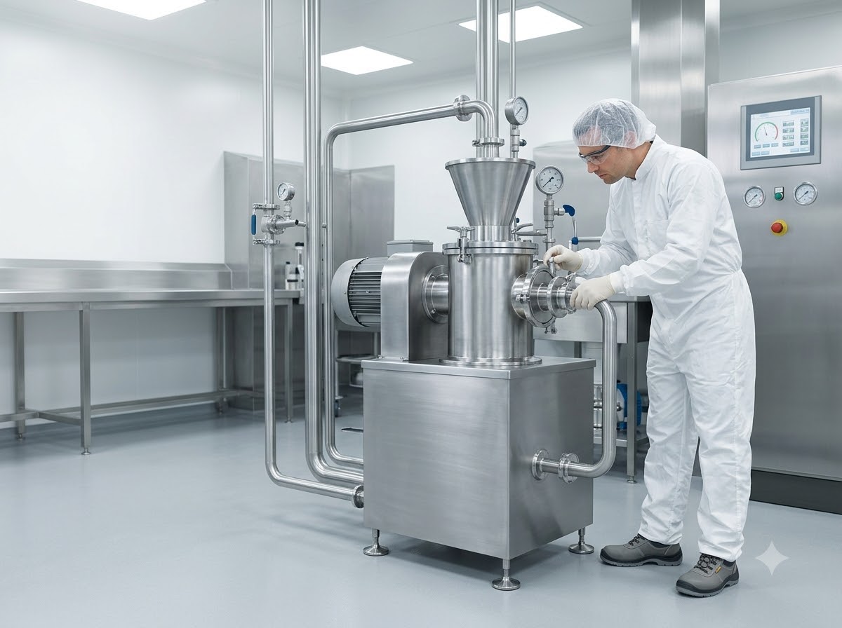 Pharmaceutical cleanroom equipment being inspected by a technician in protective clothing
