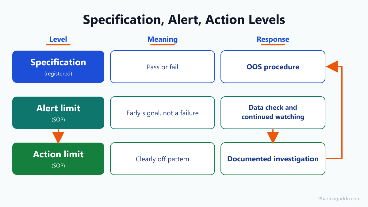 Alert limit vs action limit OOT infographic comparing specification, alert and action levels and what each triggers