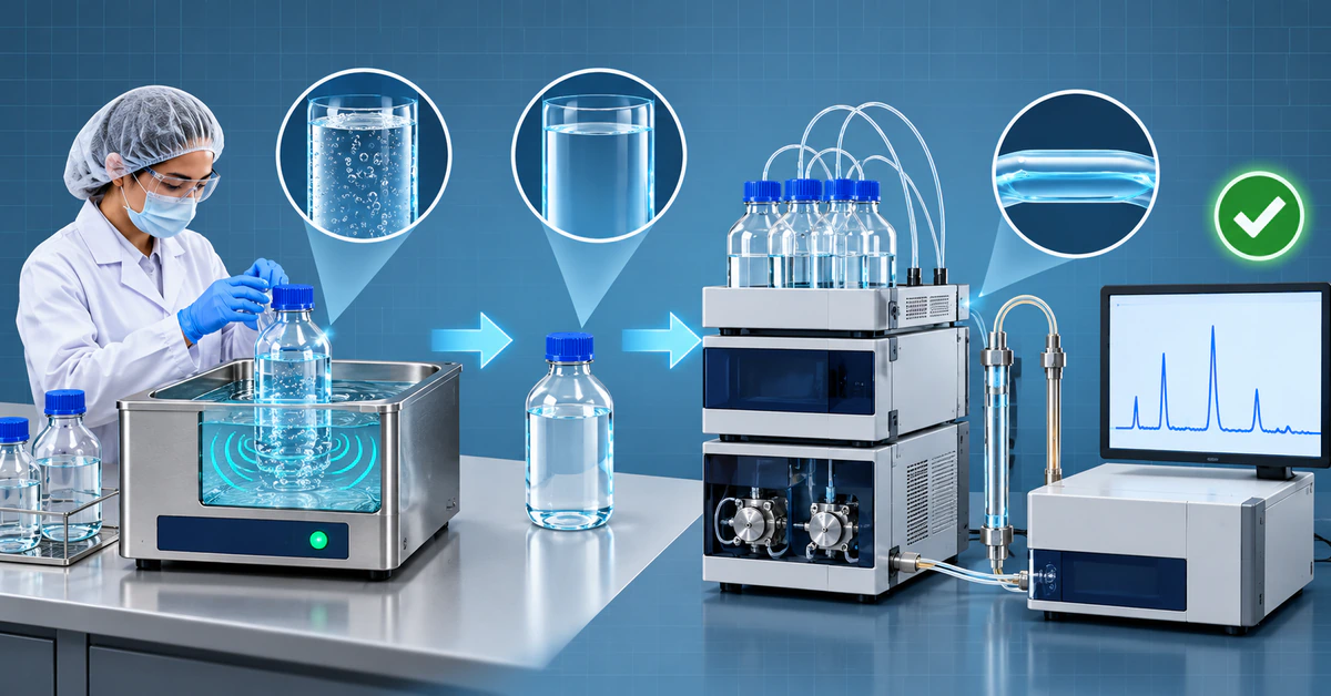 Illustration of degassing of HPLC mobile phase: analyst sonicates a solvent bottle, then the bubble-free solvent feeds an HPLC system