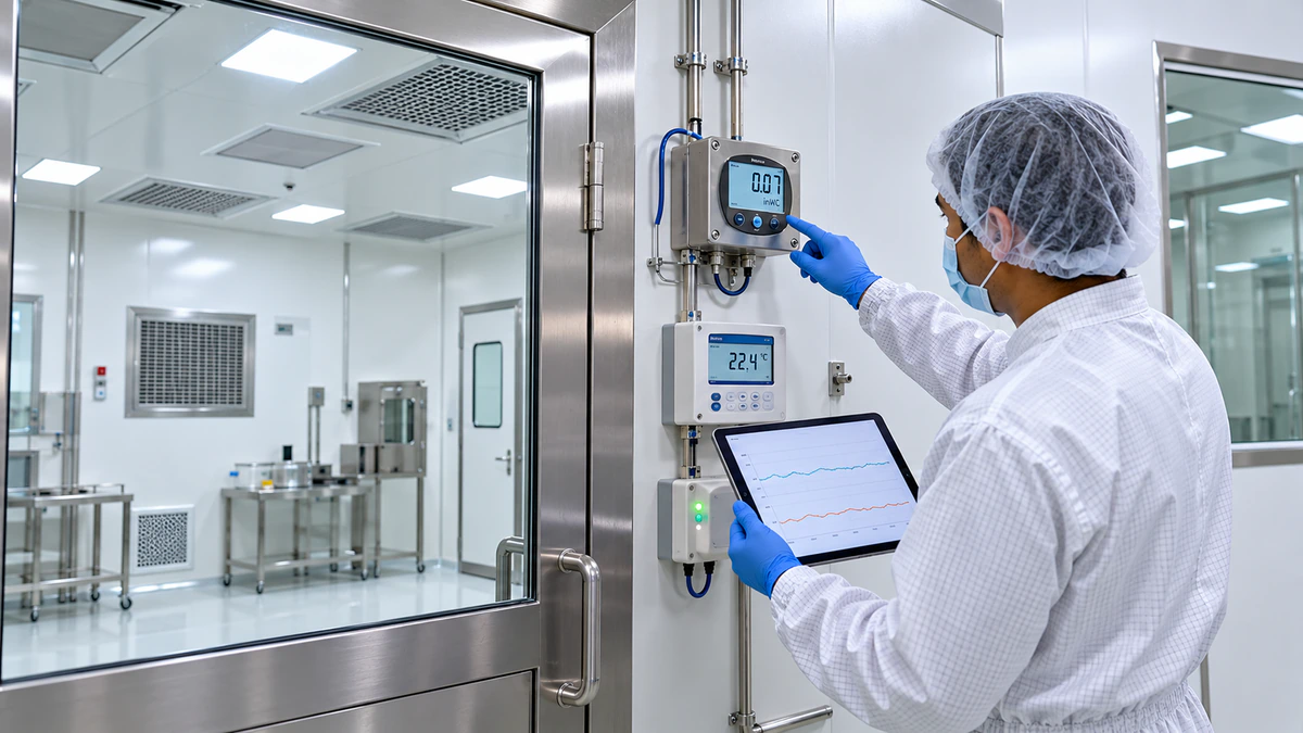 Technician in cleanroom gown checking pressure and temperature monitors for a facility upgrade master validation plan