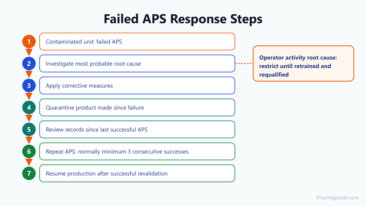 Process flow of the response to a failed aseptic process simulation within media fill interventions and worst-case design