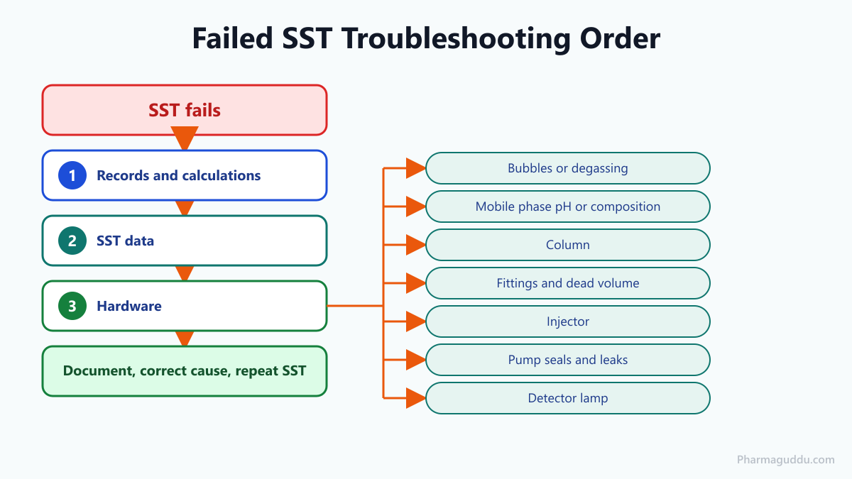 Troubleshooting order when system suitability in HPLC fails: records, SST data, then hardware causes and corrective action