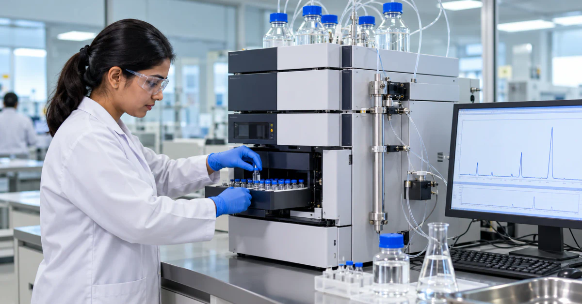 Analyst in lab coat and gloves loading sample vials into a high-performance liquid chromatography (HPLC) system
