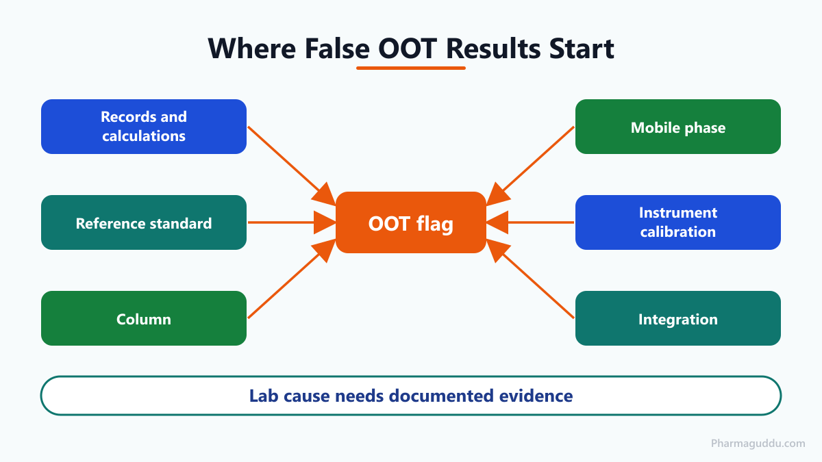 Infographic showing HPLC false OOT results arising from records, reference standard, column, mobile phase, calibration and integration