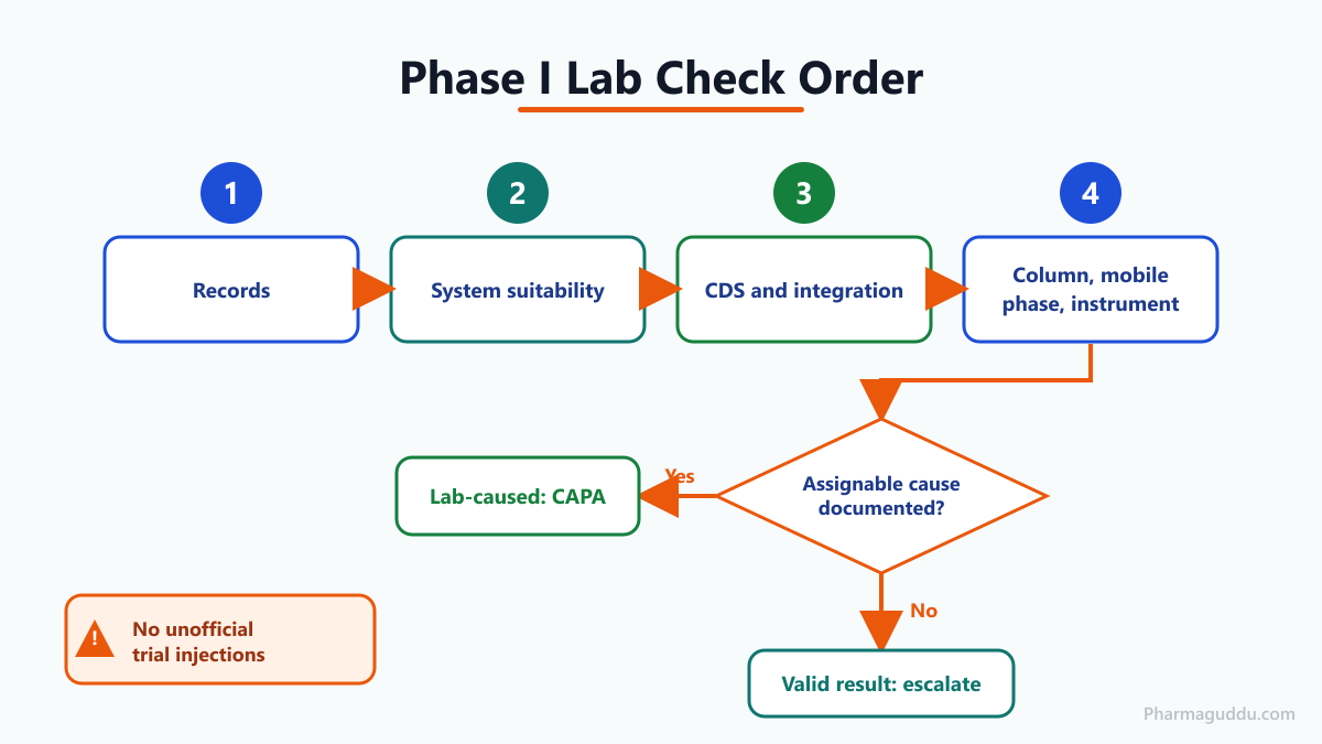 Process flow of the lab check order for HPLC false OOT results from records to a documented assignable cause or escalation