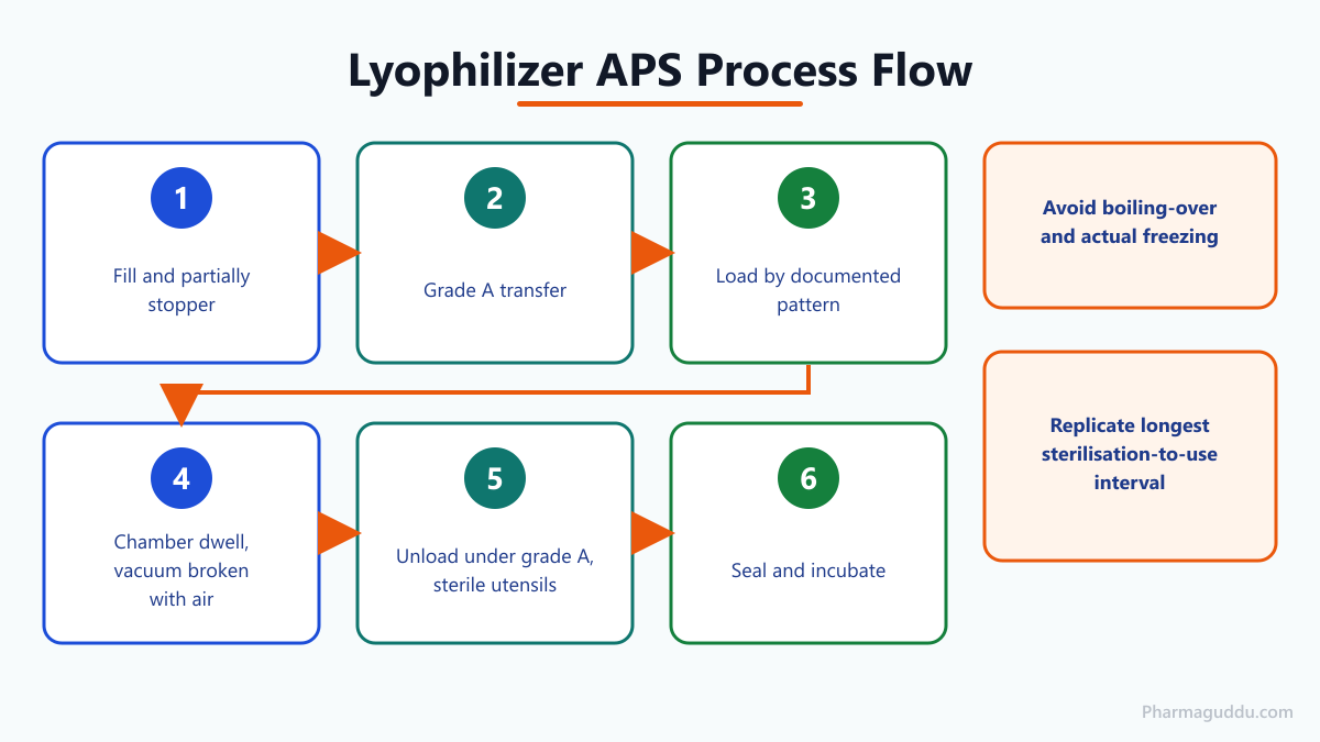 Process flow of a lyophilizer APS for media fill for powders and lyophilized products from filling to sealing