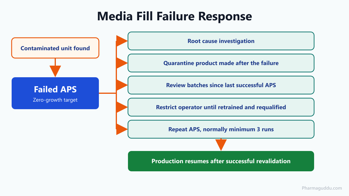 Flowchart of actions after a failed media fill procedure and protocol run, from investigation to revalidation
