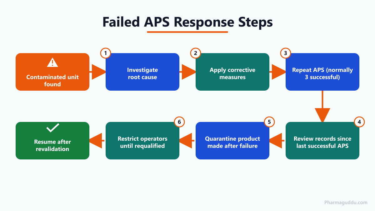 Media fill in pharmaceutical failure response flow: investigate, repeat APS, quarantine product, revalidate