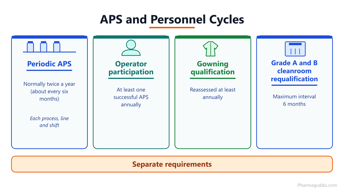 Comparison of media fill frequency and requalification cycles: periodic APS, operator participation, gowning and cleanroom