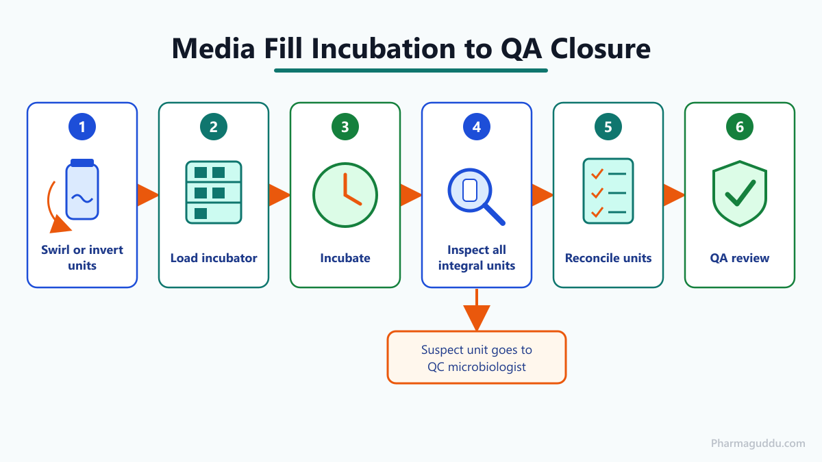 Process flow of media fill incubation conditions and inspection from swirling filled units to QA review and closure