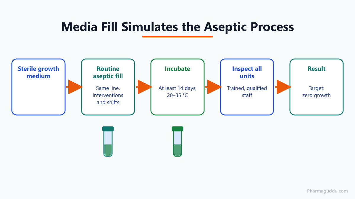 Flow diagram of the media fill procedure and protocol from sterile growth medium to incubation, inspection and result
